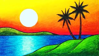 How To Draw Beautiful Sunset  Easy Sunset Scenery Drawing [upl. by Haldi]