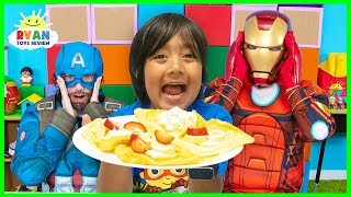 Ryan Pretend Play Cooks Breakfast for Avengers Superheroes [upl. by Bibeau734]