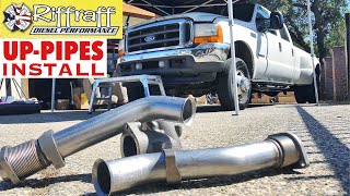 2001 F350 73  RiffRaff UpPipes Install  Stock up pipes leaking and falling apart JUNK SP [upl. by Aidas259]