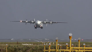 Antonov An22 Crosswind Take Off Words Biggest Turboprop Manchester Airport [upl. by Ecnarrot]